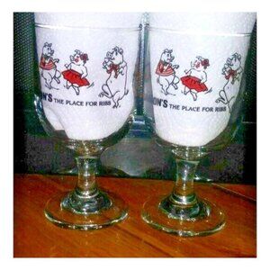 2 VTG Damon’s Restaurant Grill Glasses Goblets The Place For Ribs Logo Pork EUC